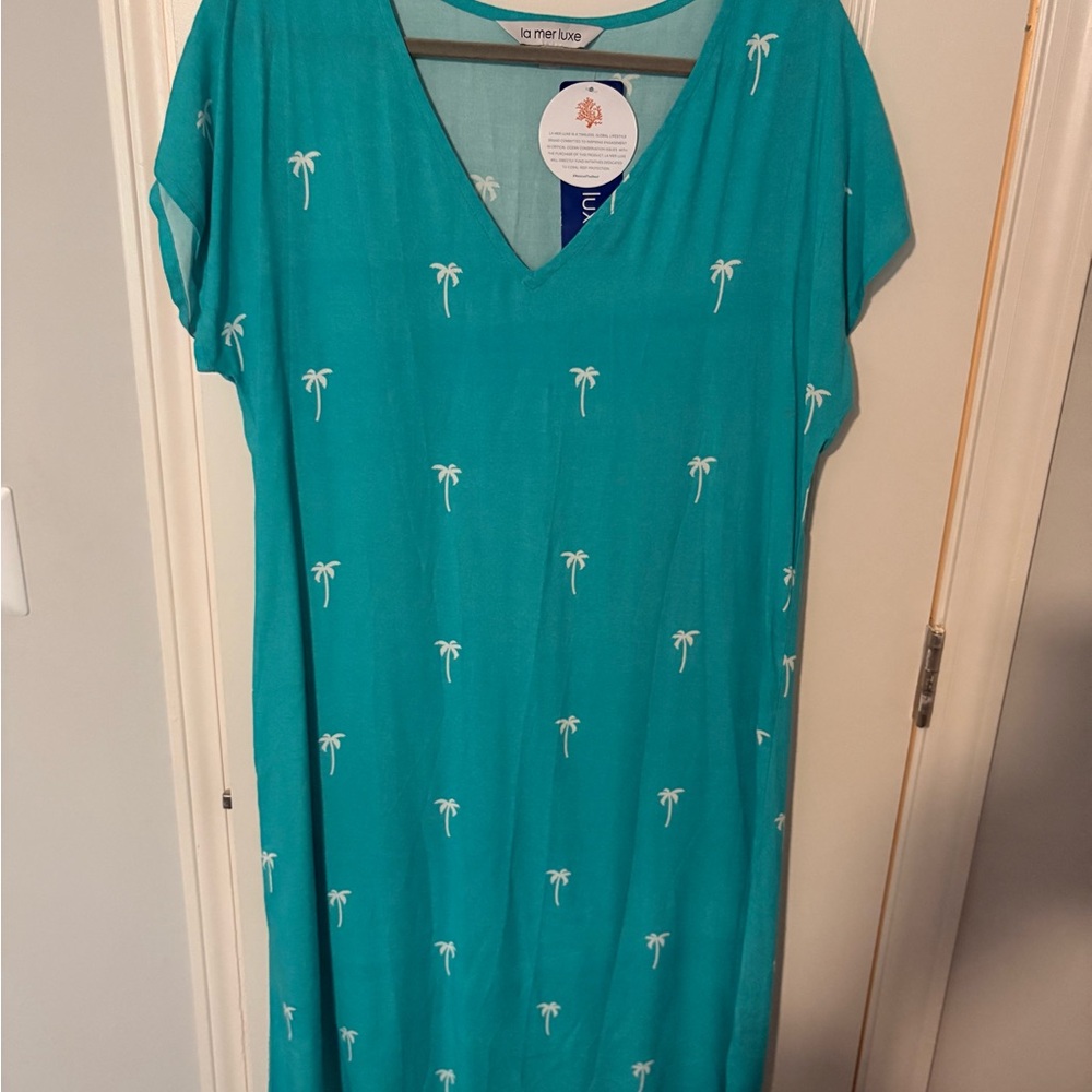 La Mer Luxe Teal Dress with Palm Print
